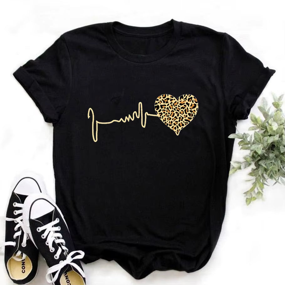 Summer New 90 'S Leopard Heartbeat Short Sleeve Print Clothing Women'S T-Shirt Harajuku Graphic Clothing Women'S Top,Drop Ship