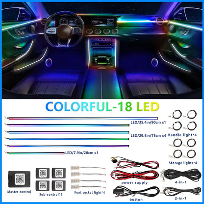 18 in 1 Dual Zone Symphony Streamer Car Ambient Light Interior LED Full Color RGB Neon Acrylic Strip Atmosphere Lighting Kit App