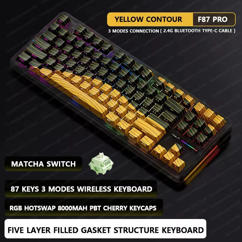 F87Pro Mechanical Keyboard 2.4G/Usb/Bluetooth Tri Mode Wireless 87 Key 5 Layer Silencing Filling Suitable for Gaming+Typing