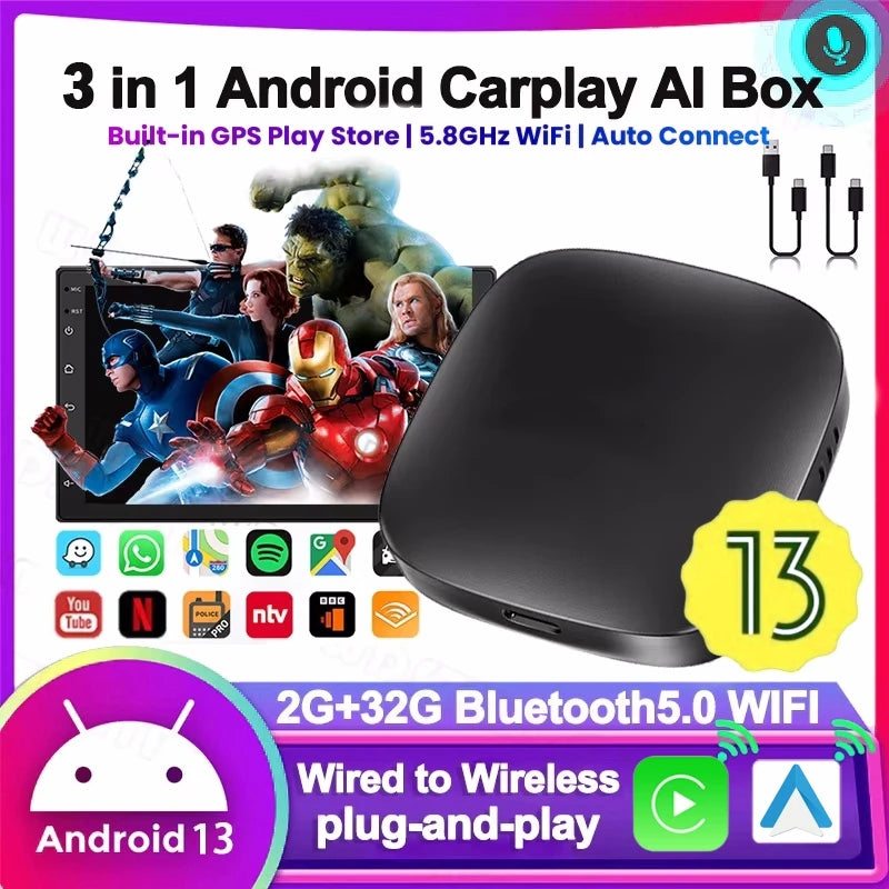 2025 Carplay Smart Ai Box Android Wireless Carplay Android Auto Adapter for Netflix for Youtube Car Intelligent Systems 5Gwifi