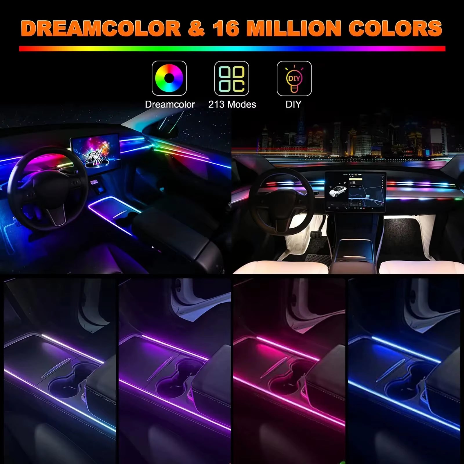 18 in 1 Dual Zone Symphony Streamer Car Ambient Light Interior LED Full Color RGB Neon Acrylic Strip Atmosphere Lighting Kit App