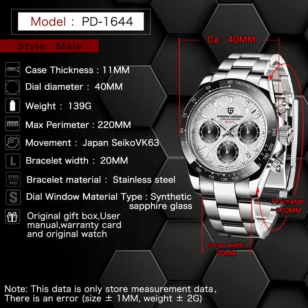 2024 New PD-1644 Meteorite Dial Fashion Men Quartz Wristwatches 100M Sapphire Glass Chronograph Relogio Masculino
