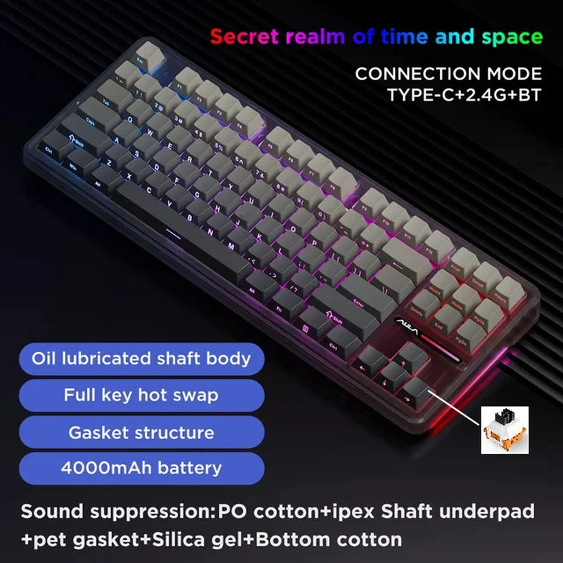 F87Pro Mechanical Keyboard 2.4G/Usb/Bluetooth Tri Mode Wireless 87 Key 5 Layer Silencing Filling Suitable for Gaming+Typing
