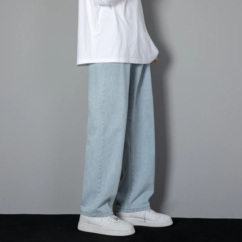 2025 New Korean Men'S Casual Long Jeans Classic Man Straight Denim Wide-Leg Pants Solid Color Light Blue Grey Black