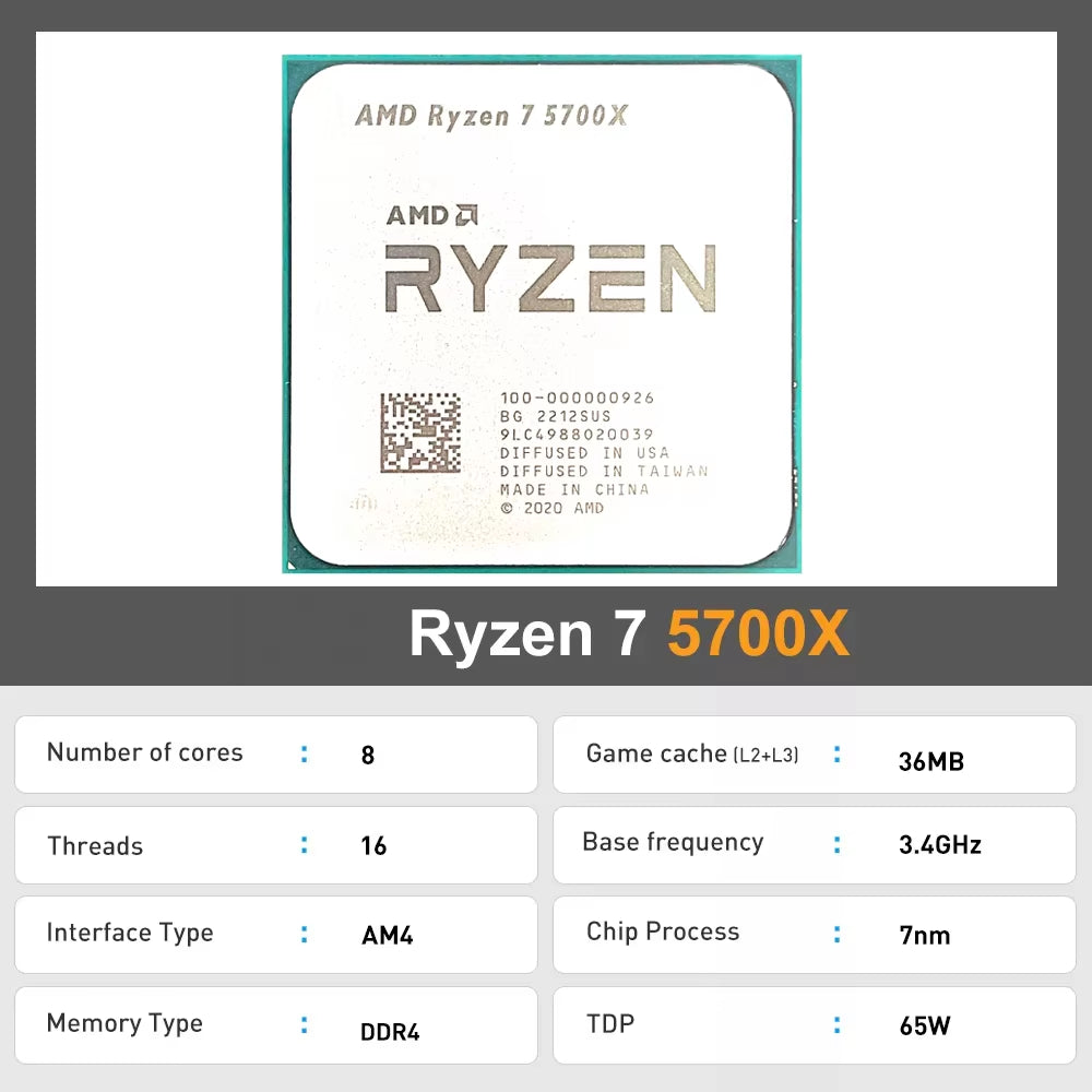 Ryzen 7 R7 5700X 3.4Ghz 8-Core 16-Thread CPU Processor Socket AM4 No Fan
