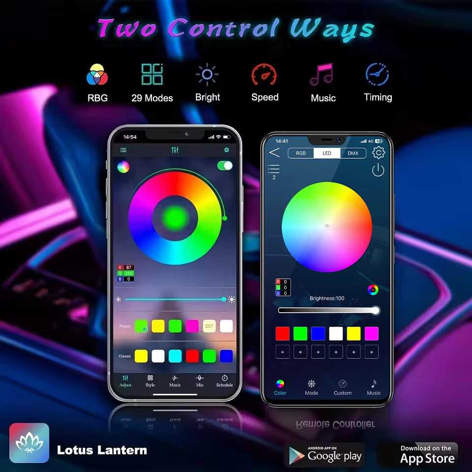 18 in 1 Dual Zone Symphony Streamer Car Ambient Light Interior LED Full Color RGB Neon Acrylic Strip Atmosphere Lighting Kit App