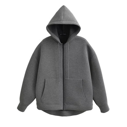 Winter New Women'S Zipper Hoodie High Street Unisex Style Double Pockets Oversize Loose Sweatshirts Outerwear Top